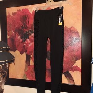 NWT Black Knit Leggings Velvet Floral Side Detail SZ Small/Medium Super Stretch